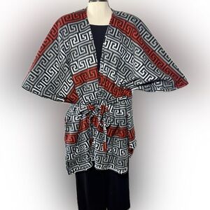Kimono Inspired Fleece Poncho Wrap Open Side Greek Key Pattern One Size